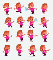 Cartoon character white little girl. Set with different postures, attitudes and poses, doing different activities in isolated vector illustrations