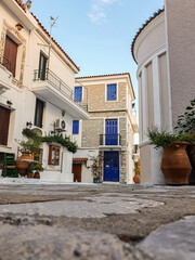 Charming traditional narrow streets of greek islands. Skiathos town on the Skiathos Island, Greece.