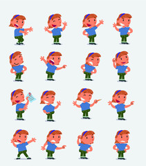 Cartoon character white little girl. Set with different postures, attitudes and poses, doing different activities in isolated vector illustrations