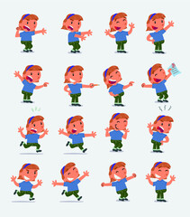 Cartoon character white little girl. Set with different postures, attitudes and poses, doing different activities in isolated vector illustrations