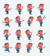 Cartoon character white little girl. Set with different postures, attitudes and poses, doing different activities in isolated vector illustrations