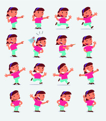 Cartoon character white little girl. Set with different postures, attitudes and poses, doing different activities in isolated vector illustrations