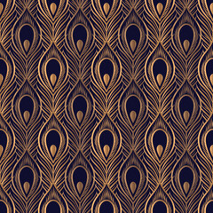 Peacock feathers luxury pattern seamless. Oriental gold black royal background vector. Paisley design for gift wrapping paper, beauty spa, yoga wallpaper, wedding party, birthday package, backdrop. - 396332454