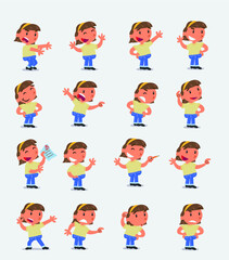 Cartoon character white little girl. Set with different postures, attitudes and poses, doing different activities in isolated vector illustrations