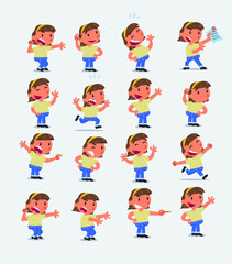 Fototapeta premium Cartoon character white little girl. Set with different postures, attitudes and poses, doing different activities in isolated vector illustrations