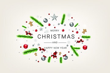 Christmas postcard with Calligraphic Season Wishes and Composition of Festive Elements.