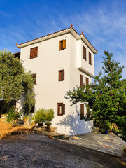 Charming traditional narrow streets of greek islands. Skopelos town on the Skopelos Island, Greece.
