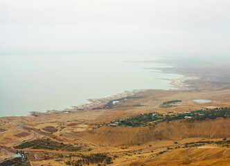 Fototapeta premium Panoramic view of the Dead Sea and Ein Gedi kibbutz