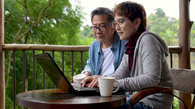Happy senior couple using laptop computer at home with green garden background