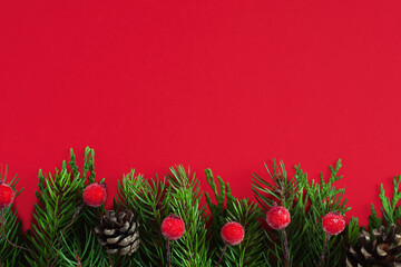 Christmas or New Year's background: fir-tree branches and red berries on red background. Copy space. Top view. Christmas or New Year flatlay.