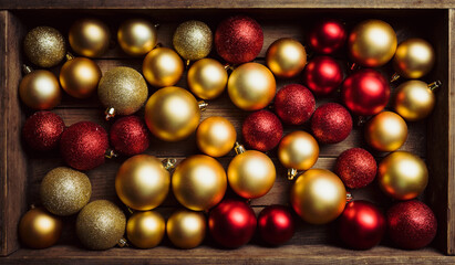 Red and golden christmas balls on the rustic wooden background. Selective focus. 