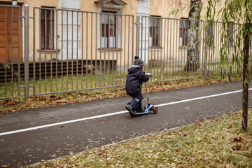 Little boy riding a kick scooter on bicycle track in park. Autumn in city