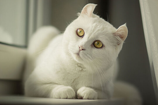 The white cat with yellow round eyes is lying on the windowsill. Image with selective focus and toning. Image with noise effects. Focus on the eyes.