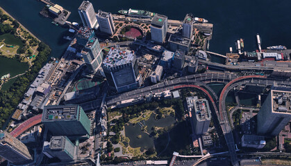 Obraz premium Japan, the coast of the capital Tokyo, infrastructure, residential buildings, bridges and attractions