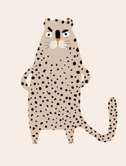 Funny Safari Party Vector Illustration. Wild Cat. Cute Infantile Style Nursery Art with Brown Leopard ideal for Wall Art, Poster, Card, Invitation. 