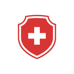 Shield and medical cross vector icon. Medicine or hospital symbol in red and white.