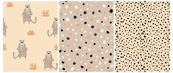 Funny Safari Party Seamless Vector Patterns Set. Wild Cat. Cute Infantile Style Nursery Art with Brown Leopard ideal for Fabric, Textile. Leopard Skin Print. - obrazy, fototapety, plakaty