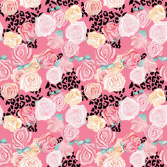 Zebra pattern and flowers pink roses in watercolor by hand