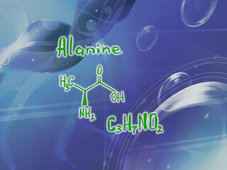Chemical molecular formula of the amino acid alanine D . Infographics. Abstract bright glitter blue background.