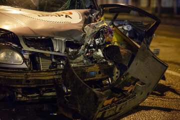 Car crash accident on street with wreck and damaged automobiles after collision. Ukraine, Kharkiv, 28.11.2020