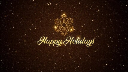 Beautiful Seasonal animated motion graphic of an intricate snowflake depicted in glittering particles on a starry background, with the seasonal message �Happy Holidays� appearing