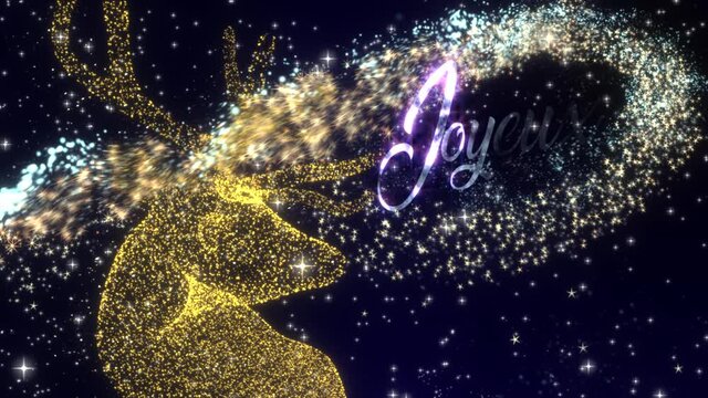 Christmas motion graphics with a golden Reindeer in a shower of glittering particles and the message �Joyeux Noel�, in French, in glowing text