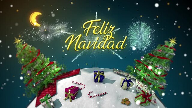 Charming 3D motion graphic of a mini snowy world spinning, with trees popping out of gifts and fireworks bursting in a snowy night sky and the message �Feliz Navidad�