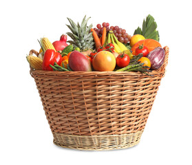Basket with assortment of fresh organic fruits and vegetables on white background