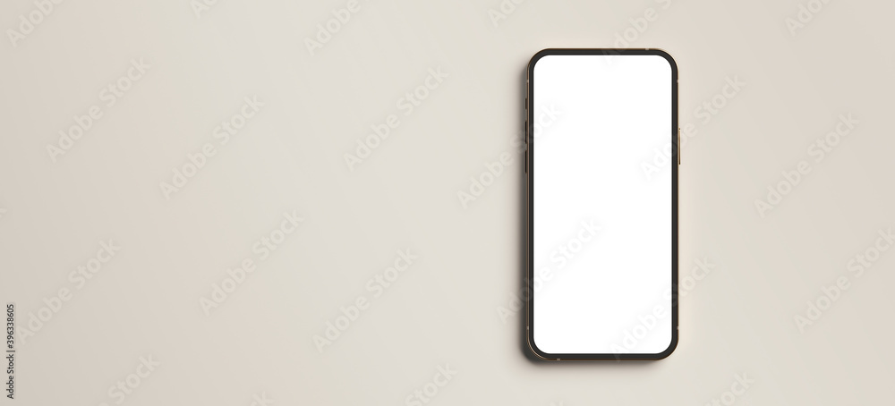 Poster abstract mockup for mobile application concept. golden mobile phone frame on beige background. 3d re