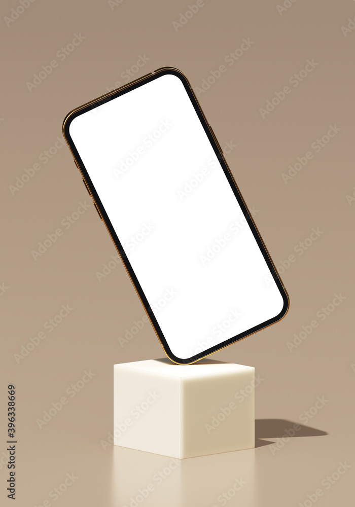Poster abstract background for mobile application concept. golden mobile phone frame on beige background. 3