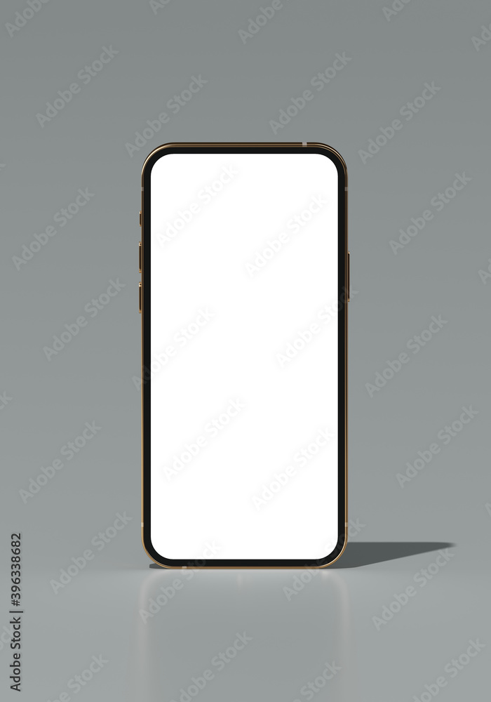 Poster abstract background for mobile application concept. golden mobile phone frame on grey background. 3d