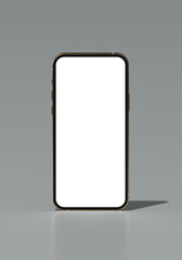 Abstract background for mobile application concept. Golden mobile phone frame on grey background. 3d rendering illustration. Clipping path of each element included.