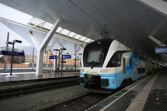 vienna /austria - Feburby 3 2019: westbahn train arrive in train station. WESTbahn Management GmbH is an open access railway company operating express train services  in austria