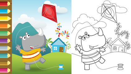 Cartoon of funny rhino playing kite on rural scenic background, coloring book or page