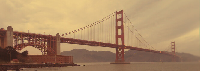 Golden Gate Bridge view from Golden Gate Overlook at sunset, San Francisco, California, USA