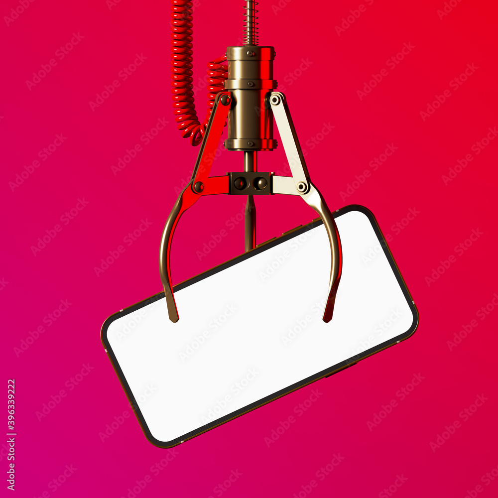 Poster abstract background for mobile application concept. golden mobile phone frame catch by toy claw mach
