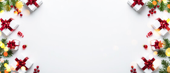 Merry Christmas and Happy Holidays greeting card, frame, banner. New Year. Noel. Red Christmas ornaments and gift on white background top view. Winter xmas holiday theme. Flat lay

