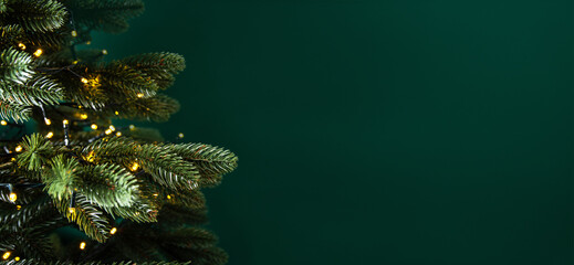Decorated with ornaments and lights Christmas tree on green background. Merry Christmas and Happy Holidays greeting card, frame, banner. New Year. Noel	
