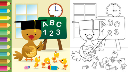 Cartoon of funny chicken with duck cubs in classroom, coloring book or page