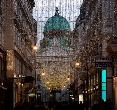 Vienna, Austria:  Christmas decoration view  in central Vienna at Kohlmarkt street with Hofburg view