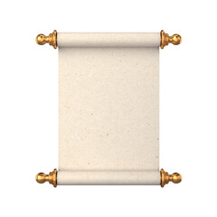 Unfolded scroll of paper with gold handles on a white background, 3D render