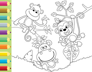 Obraz premium coloring book or page with funny monkey cartoon