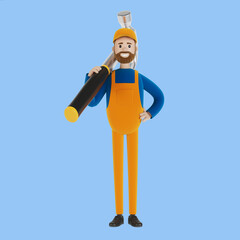 Master for an hour with a hammer. Builder. 3D illustration in cartoon style.
