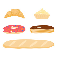 Set bakery products on white background. Cartoon baguette, doughnut, eclair, muffin, croissant in style doodle.