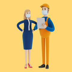 The builder with the customer are discussing the work plan. Acceptance of apartments. 3D illustration in cartoon style.