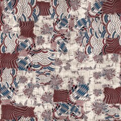 Seamless red white and blue textured patchwork pattern. High quality illustration. Color blocked shapes in an old vintage look. Generic and versatile design useful for all types of surface design.