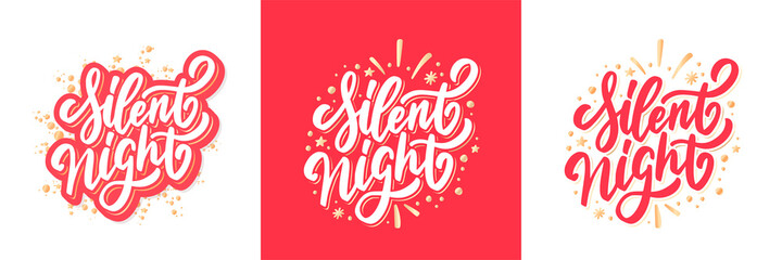 Silent Night. Merry Christmas vector lettering greeting card.