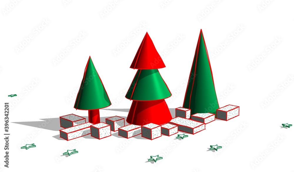 Fototapete abstract 3d illustration of christmas trees with gift boxes. red and green colored trees with shadow