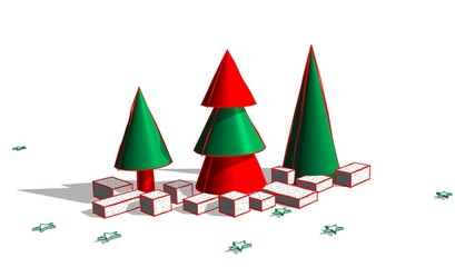 Abstract 3d illustration of Christmas trees with gift boxes. Red and green colored trees with shadow effect. New year scene looking from upper angle. 