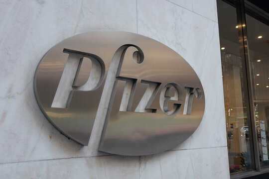 Pfizer Pharmaceutical Company Logo outside their World Headquarters on November 29, 2020 in New York, New York